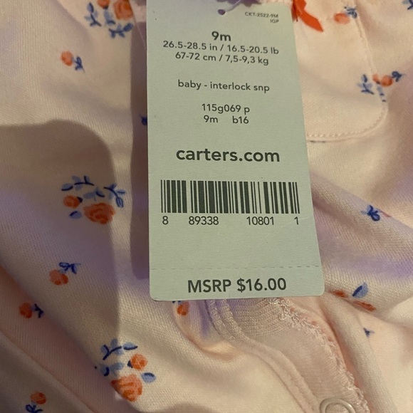 Carter’s Pink Floral Footie Pajamas 9 Months New With Tag - Picture 9 of 10